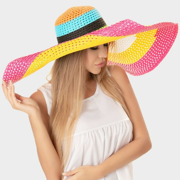 Rainbow Color Block Straw Sun Hat main image 2